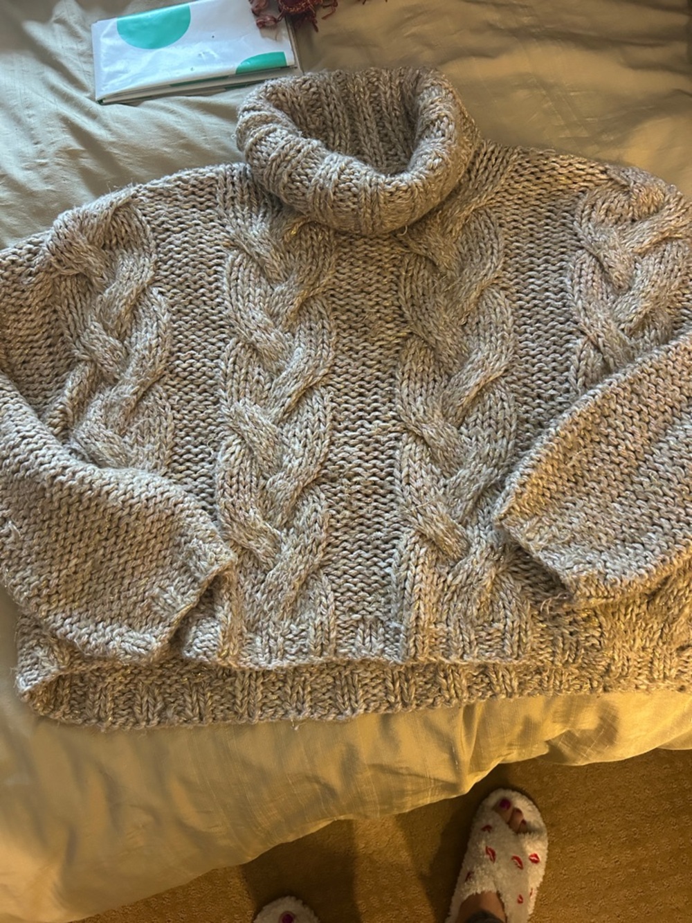 Moon River Chunky Cable Turtleneck Sweater in Beige